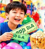 Cậu bé cười tươi cầm phiếu đổi đồ ăn vặt