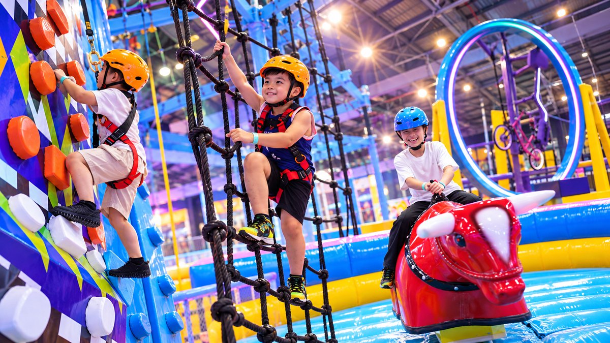 Các bạn nhỏ đội mũ bảo hiểm leo tường, leo lưới và cưỡi bò tót tại iLAVA park